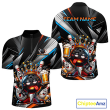 Load image into Gallery viewer, Front and back view personalized bowling quarter zip shirt with a crowned bowling ball character surrounded by pins and angled graphic patterns across a black layout.