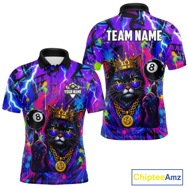 Front and back view personalized billiards polo shirt with a crowned cat holding an eight ball, surrounded by colorful paint effects and graphic patterns.