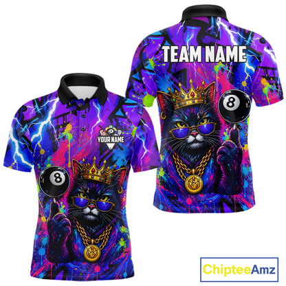 Front and back view personalized billiards polo shirt with a crowned cat holding an eight ball, surrounded by colorful paint effects and graphic patterns.