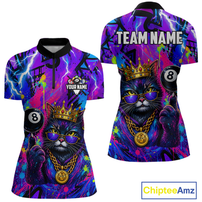 Front and back views of a short-sleeve polo shirt featuring a colorful graffiti-style graphic of a cat wearing a gold crown and sunglasses, with an 8-ball, lightning bolts, paint splatters, and customizable text areas on the chest and back.