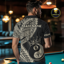 Load image into Gallery viewer, Men wearing personalized billiards polo shirt with crowned eight and nine ball artwork integrated into flowing geometric patterns on a black layout.