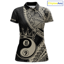 Load image into Gallery viewer, Front view personalized billiards polo shirt with crowned eight and nine ball artwork integrated into flowing geometric patterns on a black layout.