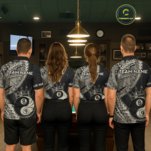 Load image into Gallery viewer, Four people wearing personalized billiards polo shirt with crowned eight and nine ball artwork integrated into flowing geometric patterns on a black layout.