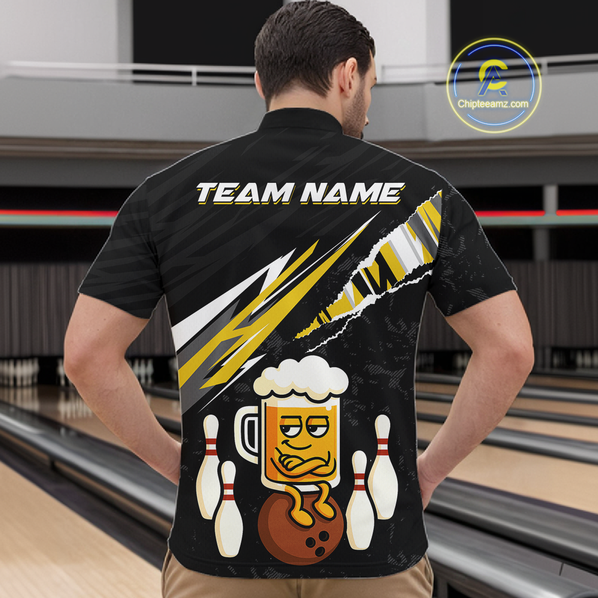 Custom Yellow Funny Beer Bowling Jersey for Men Bowling Team Shirts Polo & 1/4 Zip HNT170