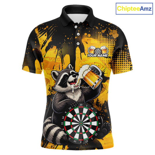 Front views of a black and yellow darts polo featuring a raccoon drinking beer, dartboard graphics, and custom team and player name text.