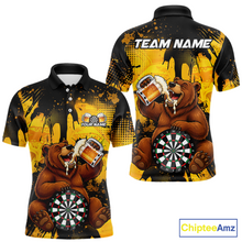 Load image into Gallery viewer, Front and back views of a black and yellow darts polo featuring a bear drinking beer, dartboard graphics, and custom team and player name text.