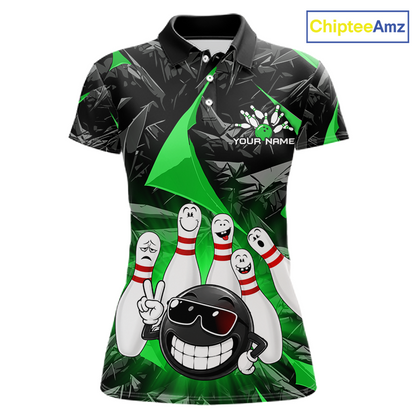 A women's short-sleeve polo shirt with a bowling-themed all-over print. The design features a black and green abstract background with cartoon bowling pins, a bowling ball wearing sunglasses, and a white collar.