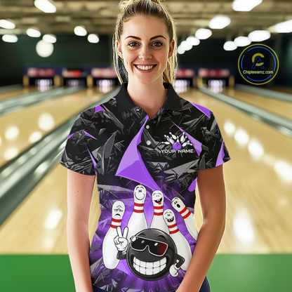 A woman wearing a custom bowling-themed polo shirt with a black and purple geometric pattern and bowling pin graphics, standing in front of a blurred bowling alley background. A 'Chilebeanz' brand watermark is visible in the top right corner.
