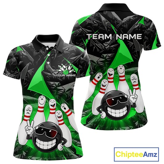 Customizable short-sleeve polo shirts with a bowling theme, shown in front and back views. The design features a black and green leaf pattern background with cartoon bowling pins, a smiling bowling ball wearing sunglasses, and customizable text placeholders 'TEAM NAME' and 'YOUR NAME'.