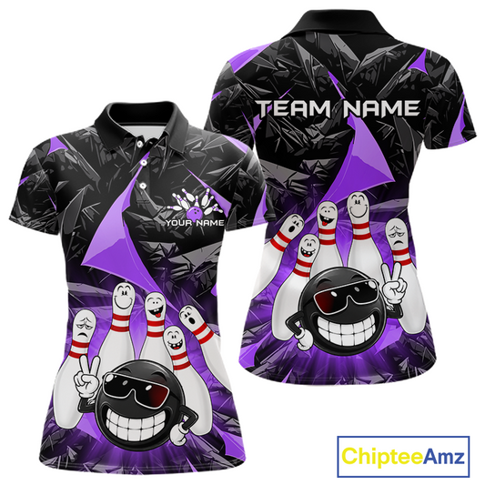 Front and back views of a custom short-sleeve polo shirt featuring a bowling theme with a cartoon bowling ball and pins on a black and purple background. The shirt includes customizable text placeholders 'TEAM NAME' and 'YOUR NAME'.