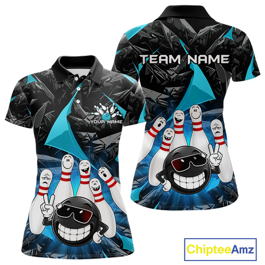 Customizable short-sleeve polo shirts with a bowling theme, shown in front and back views. The design features a black and blue geometric background with a cartoon bowling ball and bowling pins.