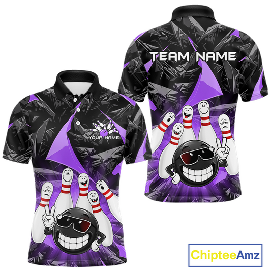 Front and back views of a custom bowling-themed short-sleeve polo shirt. The shirt features a black and purple geometric background with cartoon bowling pins and a bowling ball character wearing sunglasses.