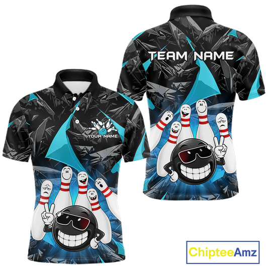 Front and back views of a short-sleeve custom bowling-themed polo shirt. The shirt features a black and gray geometric pattern with bright blue accents, cartoon bowling pins, a bowling ball character wearing sunglasses, and customizable text areas reading 'TEAM NAME' on the back and 'YOUR NAME' on the front.