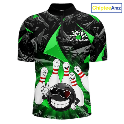 A short-sleeve bowling-themed polo shirt with a black and green geometric pattern, featuring cartoon bowling pins, a bowling ball character, and a customizable name patch on the chest. The ChipteeAmz logo is visible in the top right corner.