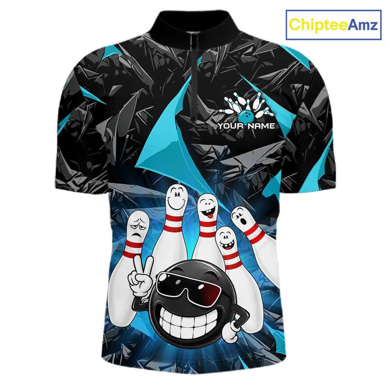 A short-sleeve bowling-themed polo shirt with a black and teal geometric pattern, featuring cartoon bowling pins, a bowling ball character, and a customizable name patch on the chest. The ChipteeAmz logo is visible in the top right corner.