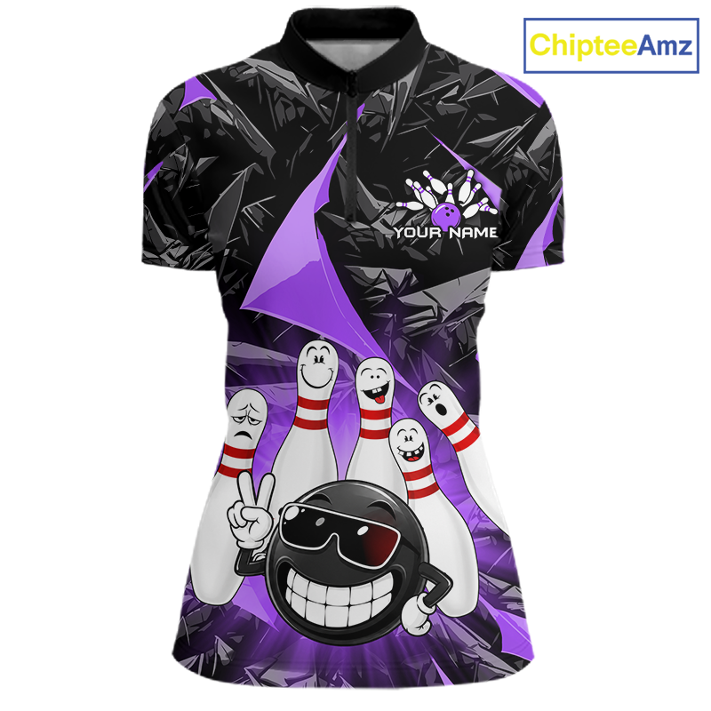 A women's short-sleeve polo shirt with a bowling-themed graphic print. The design features a black and purple geometric background with cartoon bowling pins and a bowling ball character wearing sunglasses.