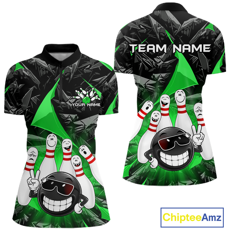 Custom short-sleeve bowling-themed polo shirt shown from the front and back. The design features a black and green geometric background with cartoon bowling pins and a smiling bowling ball wearing sunglasses.