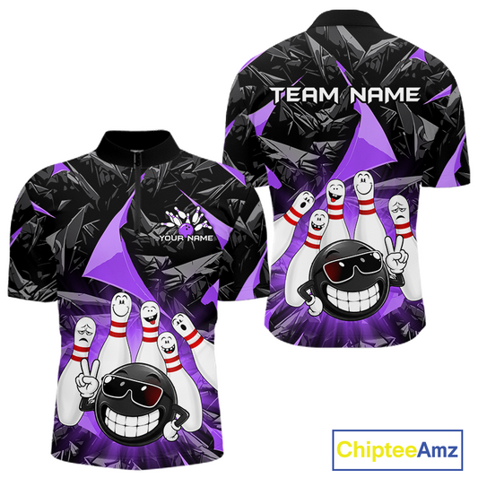 Front and back views of a short-sleeve bowling-themed polo shirt on a white background. The shirt features a black and purple abstract background with cartoon bowling pins and a bowling ball character wearing sunglasses.