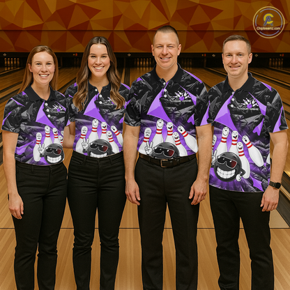 Four people standing in a bowling alley wearing matching purple and black bowling-themed short-sleeve shirts with bowling pin and skull graphics, paired with black pants.