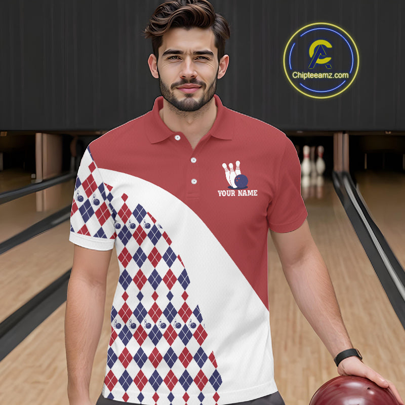 Custom Red White Argyle Pattern Bowling Jersey for Men Bowling Team Shirts Polo & 1/4 Zip HNT499