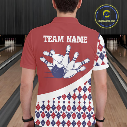 Custom Red White Argyle Pattern Bowling Jersey for Men Bowling Team Shirts Polo & 1/4 Zip HNT499