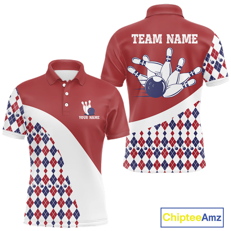 Custom Red White Argyle Pattern Bowling Jersey for Men Bowling Team Shirts Polo & 1/4 Zip HNT499