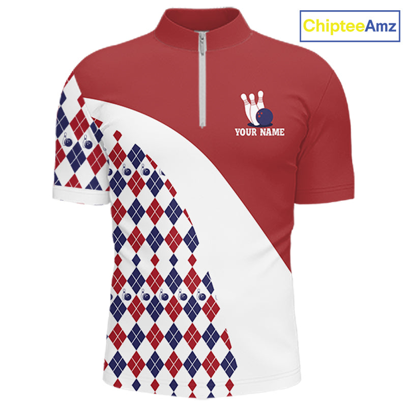 Custom Red White Argyle Pattern Bowling Jersey for Men Bowling Team Shirts Polo & 1/4 Zip HNT499