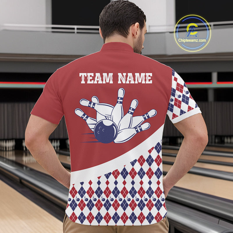 Custom Red White Argyle Pattern Bowling Jersey for Men Bowling Team Shirts Polo & 1/4 Zip HNT499