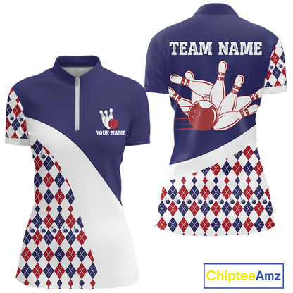 Custom Blue Red Argyle Pattern Bowling Jersey for Women Bowling Team Shirts Polo & 1/4 Zip HNT499