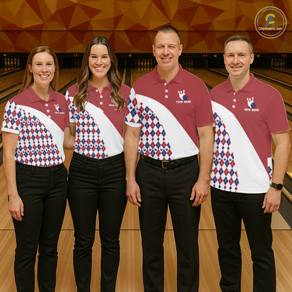 Custom Red White Argyle Pattern Bowling Jersey for Men Bowling Team Shirts Polo & 1/4 Zip HNT499