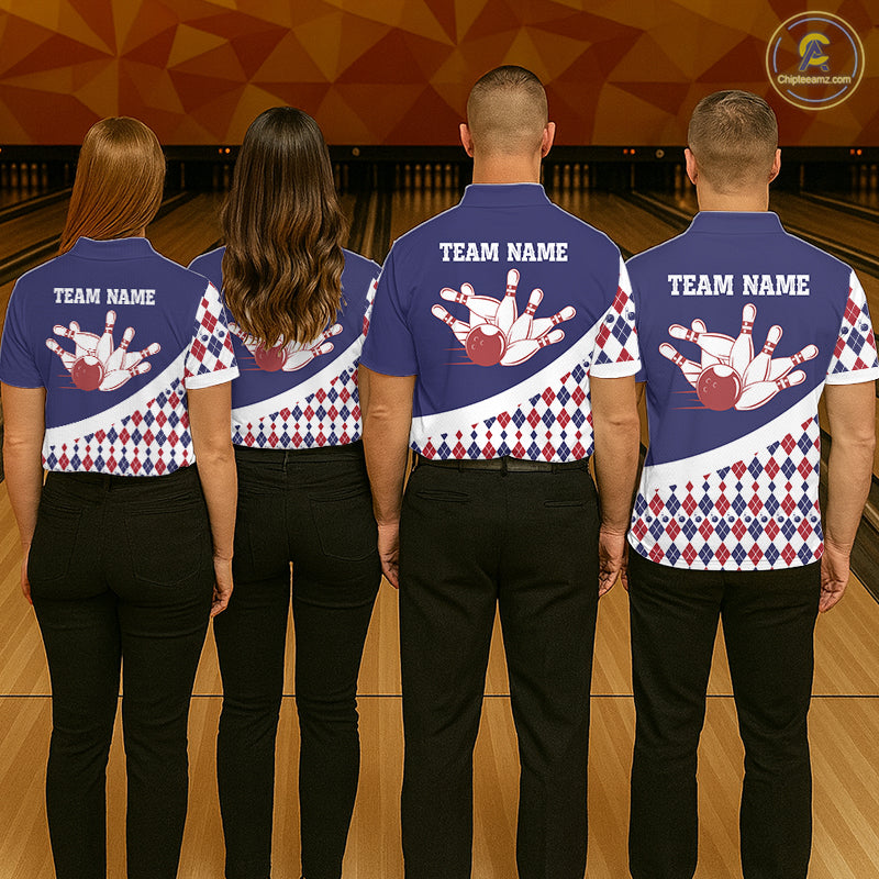 Custom Blue Red Argyle Pattern Bowling Jersey for Men Bowling Team Shirts Polo & 1/4 Zip HNT499