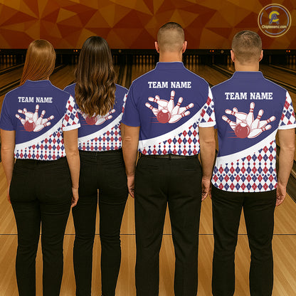 Custom Blue Red Argyle Pattern Bowling Jersey for Men Bowling Team Shirts Polo & 1/4 Zip HNT499
