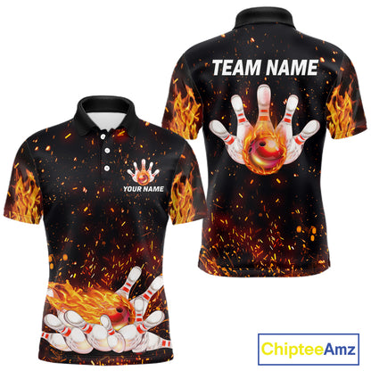 Custom Orange Flame Bowling Jersey for Men Bowling Team Shirts Bowling League Polo & 1/4 Zip HNT498