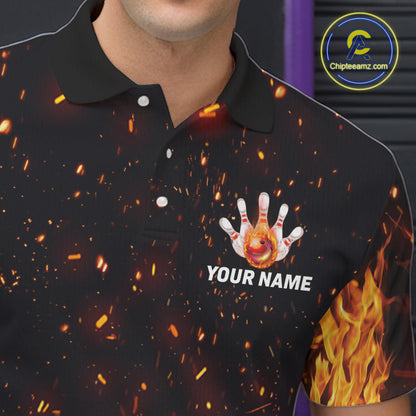 Custom Orange Flame Bowling Jersey for Men Bowling Team Shirts Bowling League Polo & 1/4 Zip HNT498