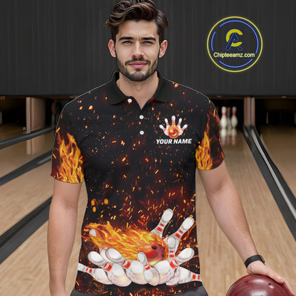 Custom Orange Flame Bowling Jersey for Men Bowling Team Shirts Bowling League Polo & 1/4 Zip HNT498