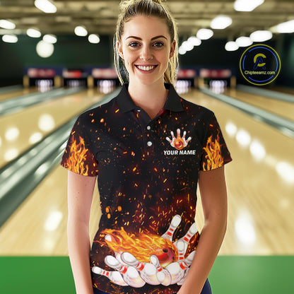 Custom Orange Flame Bowling Jersey for Women Bowling Team Shirts Bowling League Polo & 1/4 Zip HNT498