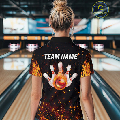 Custom Orange Flame Bowling Jersey for Women Bowling Team Shirts Bowling League Polo & 1/4 Zip HNT498