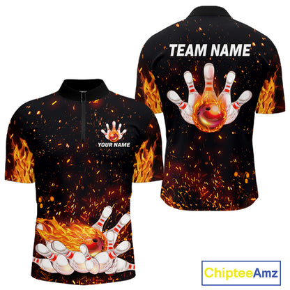 Custom Orange Flame Bowling Jersey for Men Bowling Team Shirts Bowling League Polo & 1/4 Zip HNT498