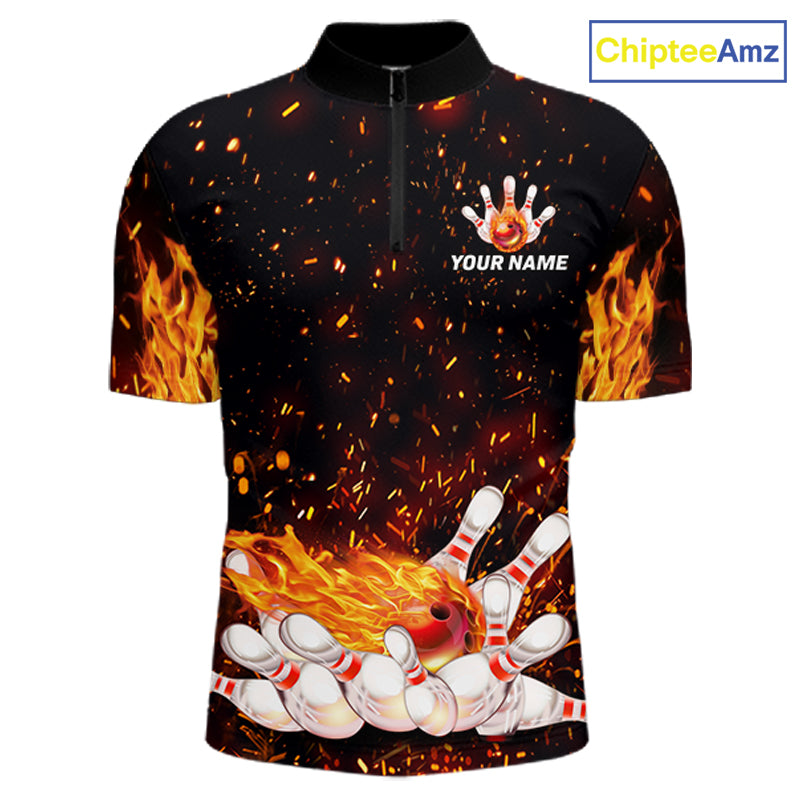 Custom Orange Flame Bowling Jersey for Men Bowling Team Shirts Bowling League Polo & 1/4 Zip HNT498