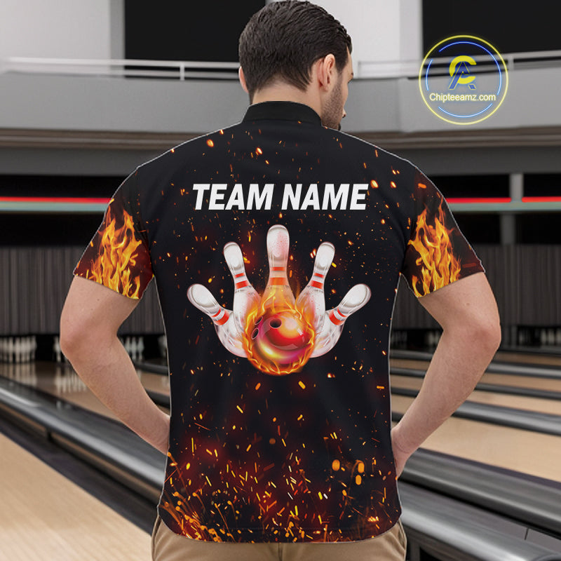 Custom Orange Flame Bowling Jersey for Men Bowling Team Shirts Bowling League Polo & 1/4 Zip HNT498