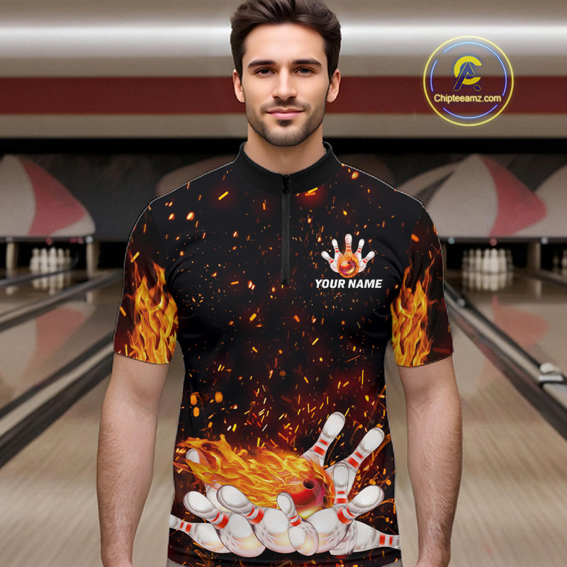 Custom Orange Flame Bowling Jersey for Men Bowling Team Shirts Bowling League Polo & 1/4 Zip HNT498
