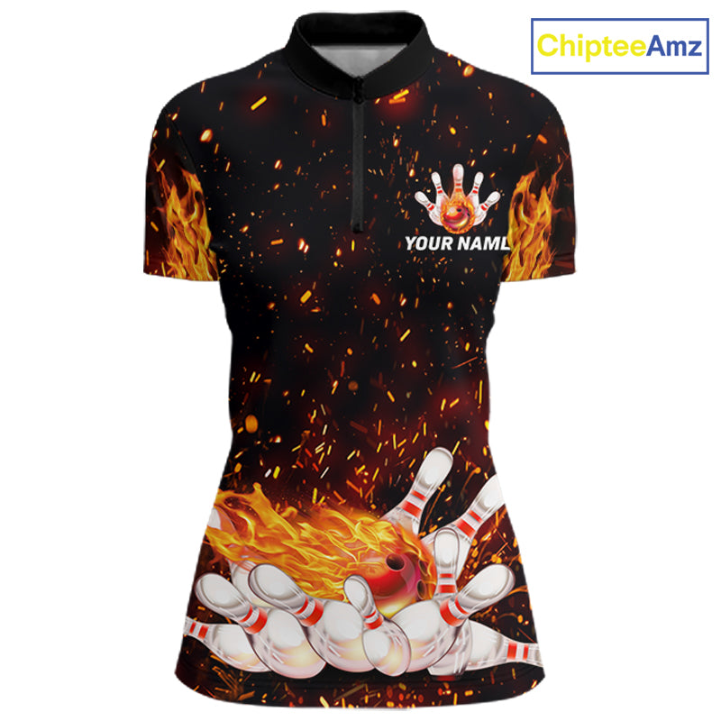 Custom Orange Flame Bowling Jersey for Women Bowling Team Shirts Bowling League Polo & 1/4 Zip HNT498
