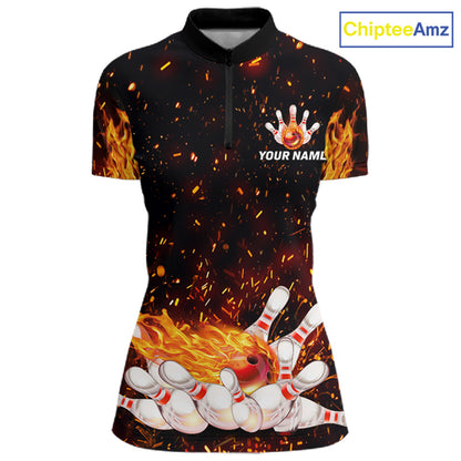 Custom Orange Flame Bowling Jersey for Women Bowling Team Shirts Bowling League Polo & 1/4 Zip HNT498