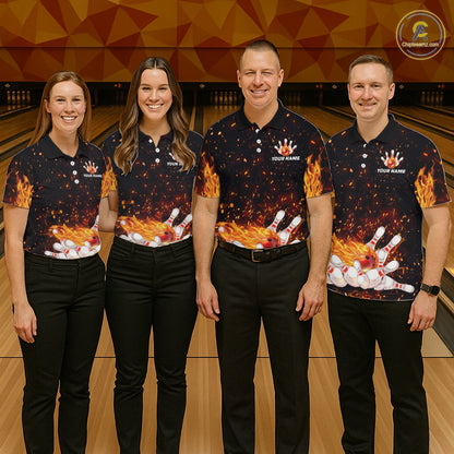 Custom Orange Flame Bowling Jersey for Women Bowling Team Shirts Bowling League Polo & 1/4 Zip HNT498