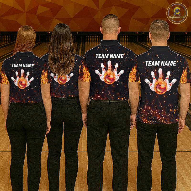 Custom Orange Flame Bowling Jersey for Women Bowling Team Shirts Bowling League Polo & 1/4 Zip HNT498