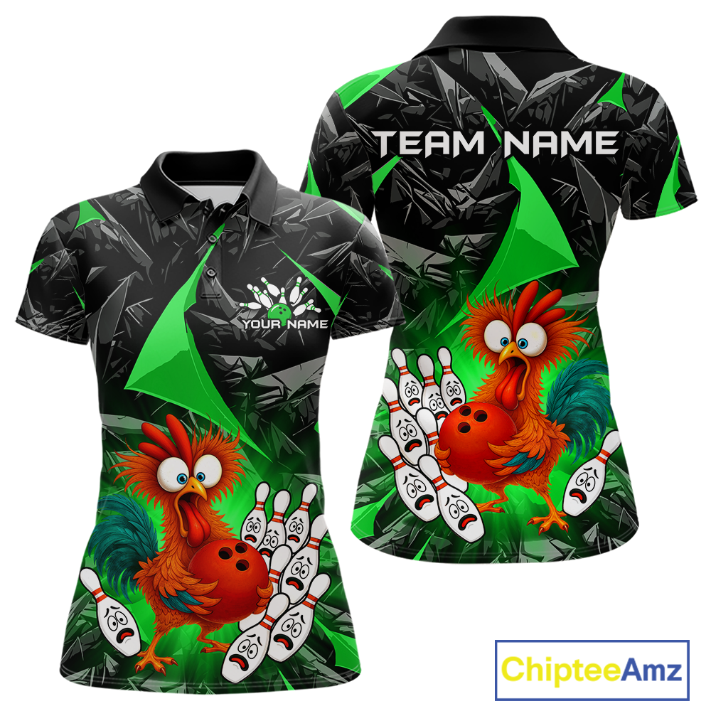 Custom Green Funny Chicken Bowling Jersey for Women Bowling Team Shirts Polo & 1/4 Zip HNT138
