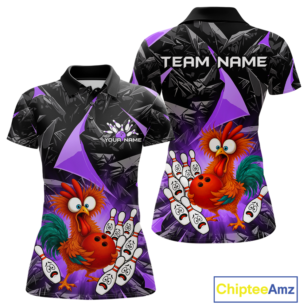 Custom Purple Funny Chicken Bowling Jersey for Women Bowling Team Shirts Polo & 1/4 Zip HNT138