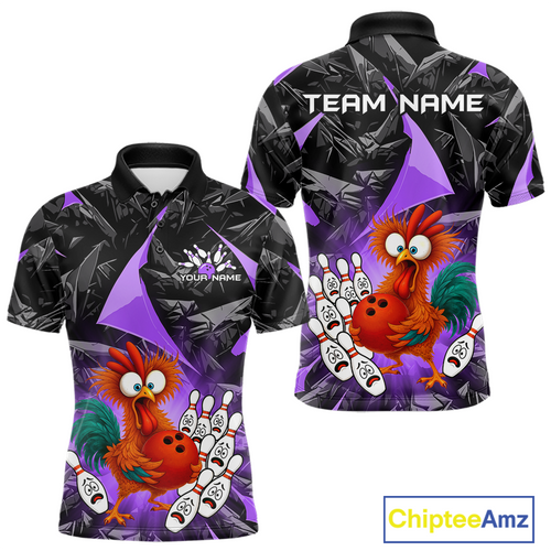 Custom Purple Funny Chicken Bowling Jersey for Men Bowling Team Shirts  Polo & 1/4 Zip HNT138