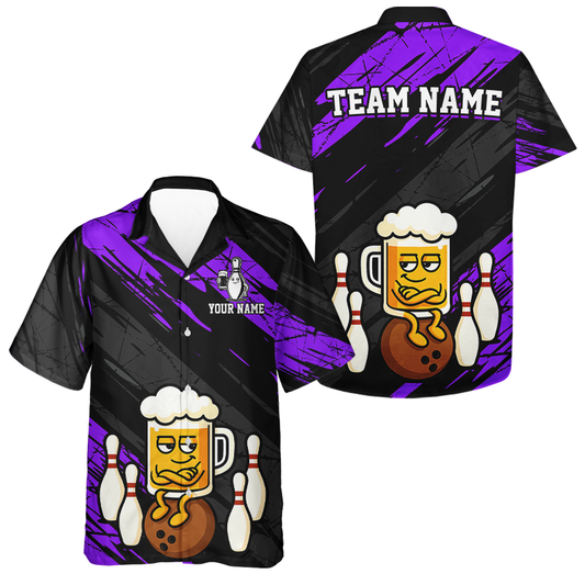 Custom Purple Funny Beer Hawaiian Bowling Jersey Bowling Uniform Bowling Team Shirts HNT107