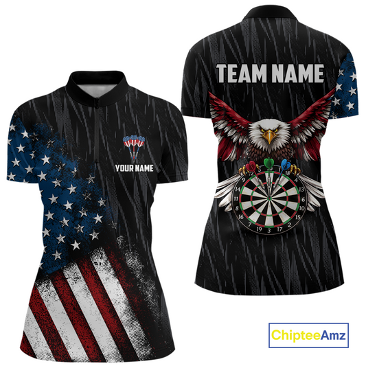 Custom US Flag Eagle Dart Shirts for Women Darts Team Jerseys Dart Tournament Polo & 1/4 Zip NNT142